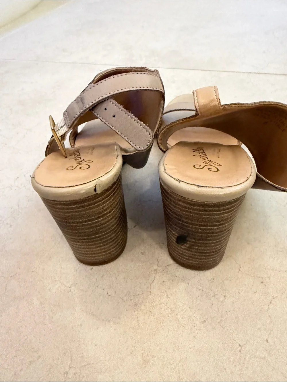Seychellles Leather Taupe Slingback Block Heel Sandals